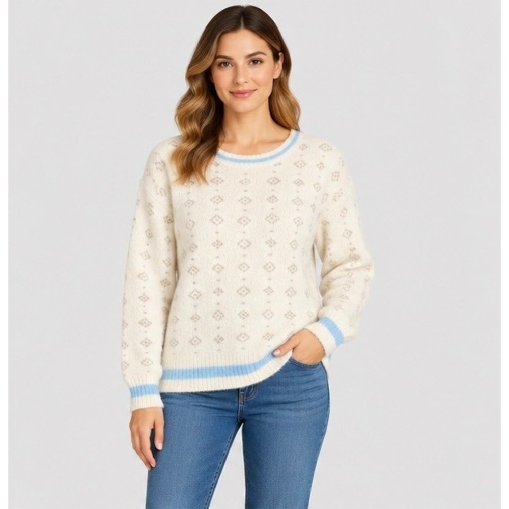 Torrid Womens 2 Cream Fuzzy Eyelash Knit Sweater Blue Trim Metallic Boho Y2K